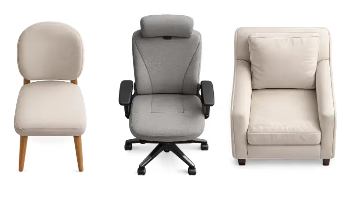 Chaise de salle à manger, siège de bureau et fauteuil de salon prêts pour un nettoyage professionnel à domicile.